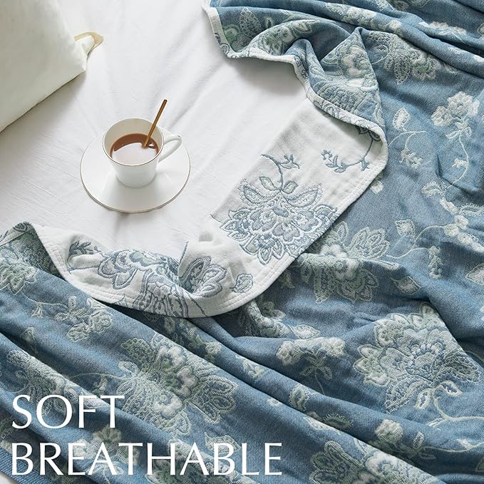 jinchan Boho 100% Cotton Muslin Twin Size 60x80 Inches Blanket Lightweight 4-Layer Quilted Soft Blue and White Floral Throw Blanket Green Accents Reversible Comfy Flower Summer Couch Bedroom Decor