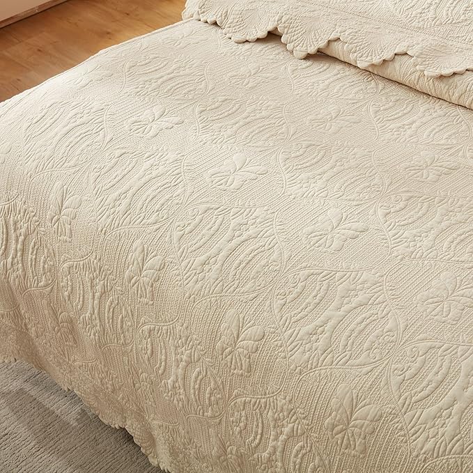 MarCielo 3-Piece 100% Cotton Oversized Bedspread Lightweight Quilt Coverlet Embroidery Farmhouse Bedding Set(TL Beige,Oversized King (118"x106"))