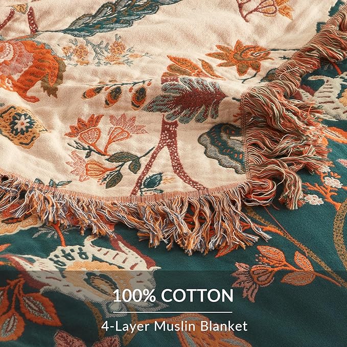 Boho Throw Blanket for Couch Sofa Bed, 100% Cotton Woven Quilt with Tassel 80”x90”, Super Soft Muslin Blanket with Floral Printed, Decorative Reversible Bed Blanket/Cover for All Seasons