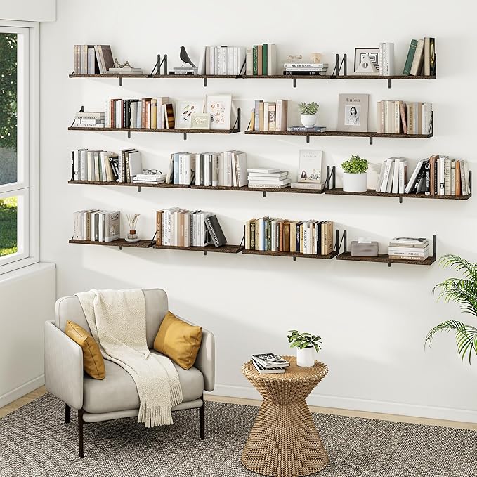 Heimlove 36 Inch Floating Bookshelves Set of 3,Heavy Duty Wall Mounted Bookshelves,Rustic Brown Wall Bookshelf for Living Room,Bedroom,Kitchen,Laundry Room Storage & Decor