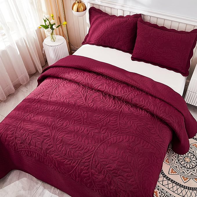 MarCielo 3-Piece 100% Cotton Oversized Bedspread Lightweight Quilt Coverlet Embroidery Farmhouse Bedding Set T0 (Wine Burgundy, Oversized King (118"x106"))