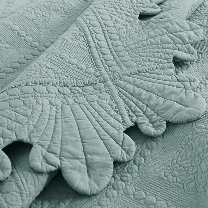 MarCielo 3-Piece 100% Cotton Oversized Bedspread Lightweight Quilt Coverlet Embroidery Farmhouse Bedding Set (Tk Aqua Green, Oversized King (118"x106"))