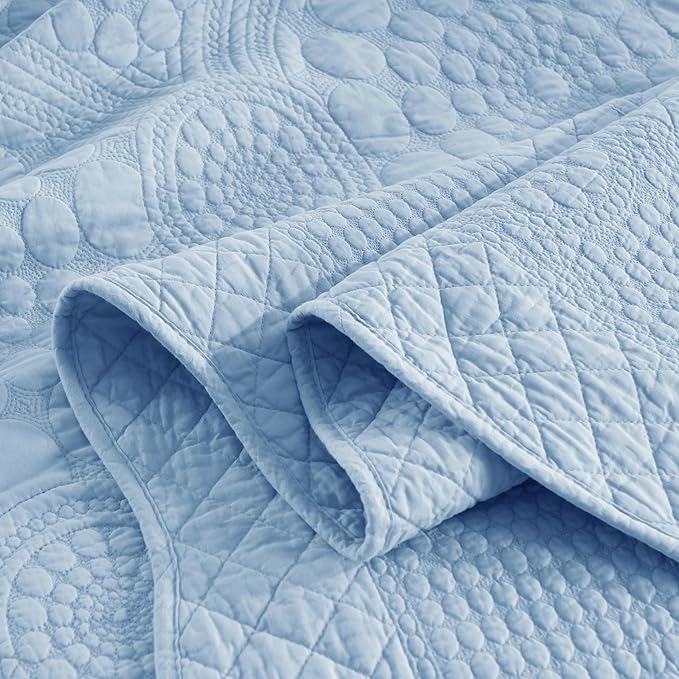 MarCielo 3-Piece 100% Cotton Oversized Bedspread Lightweight Quilt Coverlet Embroidery Farmhouse Bedding Set (Tf Light Blue, Oversized Queen (100"x106"))