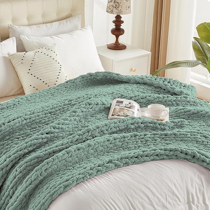 Carriediosa Chunky Knit Throw Blanket 60" X 80" Twin, 100% Hand Made Large Chenille Loop Yarn Soft Fluffy Throws for Couch Sofa Bed, Big Crochet Cozy Heavy Thick Cable Woven Blankets, Sage Green