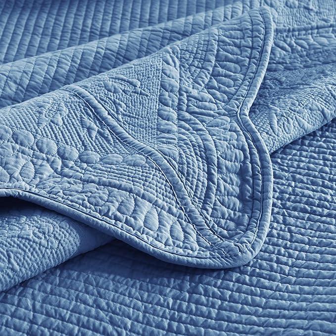 MarCielo 3-Piece 100% Cotton Oversized Bedspread Lightweight Quilt Coverlet Embroidery Farmhouse Bedding Set (TG Midtone Blue, Oversized King (118"x106"))