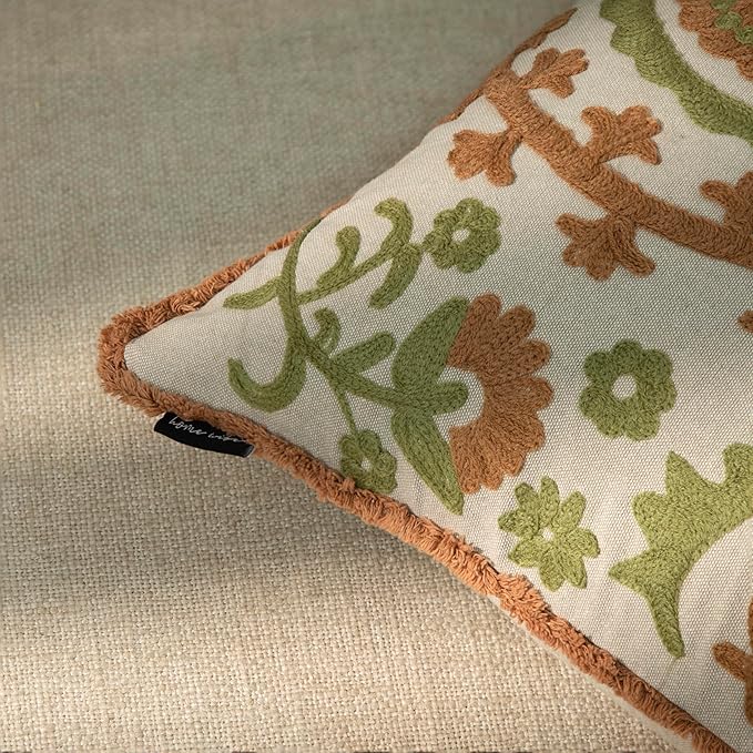 Embroidered Mandala Floral Vintage Indian Cotton Decorative Embroidery Throw Pillow Covers, Fringes Lace Cushion Cover, Pillow Case for Sofa Couch Bed Chair 18" x 18"