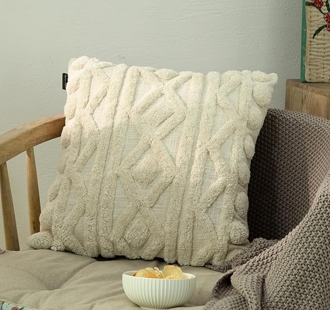 Tufted Boho Pillow Covers 18X18 Inch Throw Pillow Covers Decorative Cushion Cover Exquisitely Crafted with Hand-Finished Tuft Farmhouse Pillow Case for Couch Sofa Bed Living Room Bedroom