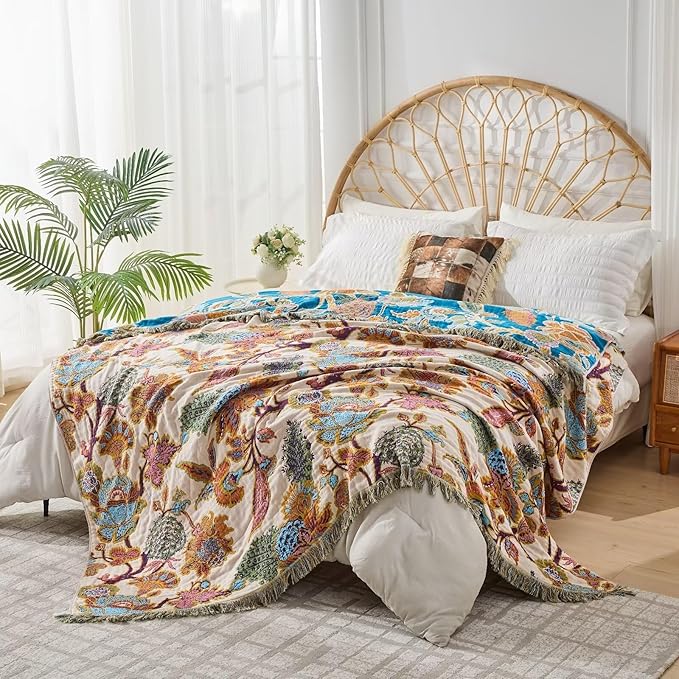 Boho Throw Blanket for Bed, Sofa,Cozy Lightweight Fall Blanket,100% Cotton Southwestern Farmhouse Floral Decor, Reversible Rustic Blanket, Chair, Picnic Throw Blanket,50"x60"