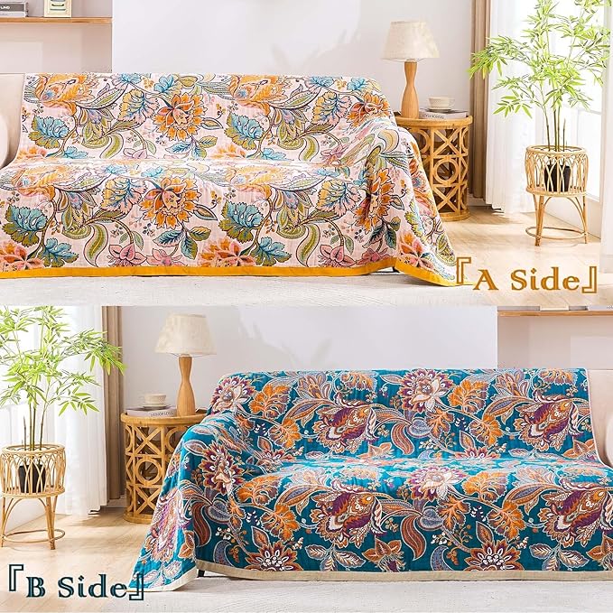 Boho Throw Blanket for Bed, 100% Cotton Soft Rustic Quilt Fall Blanket, 80"x90" Floral Printed Farmhouse Decor Bed Blankets, All Season Rustic Reversible Bohemian Throw Quilt