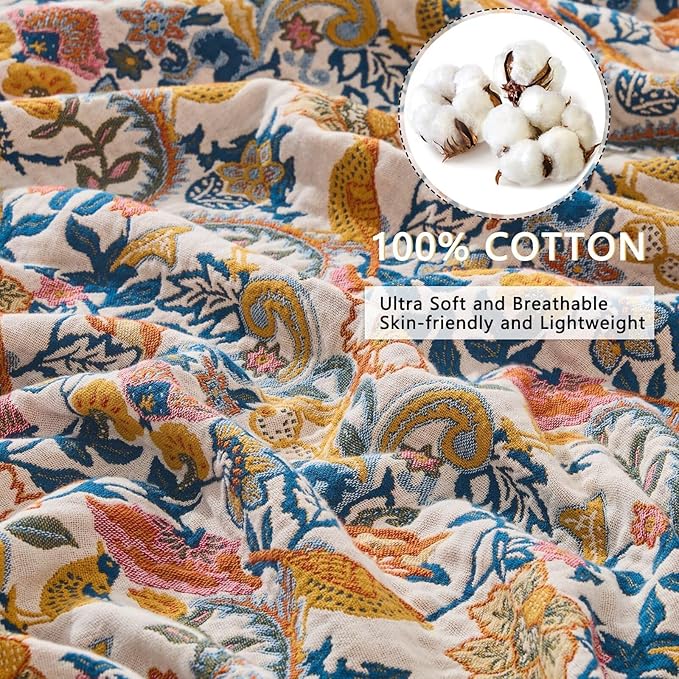 Boho Throw Blanket Reversible Cotton Bohemian Tapestry,100% Cotton Throw Blanket for Couch,Sofa,Chair,Lightweight Summer Quilt Soft 4-Layer Muslin Blanket for Farmhouse,Picnic Decor 50"x60"