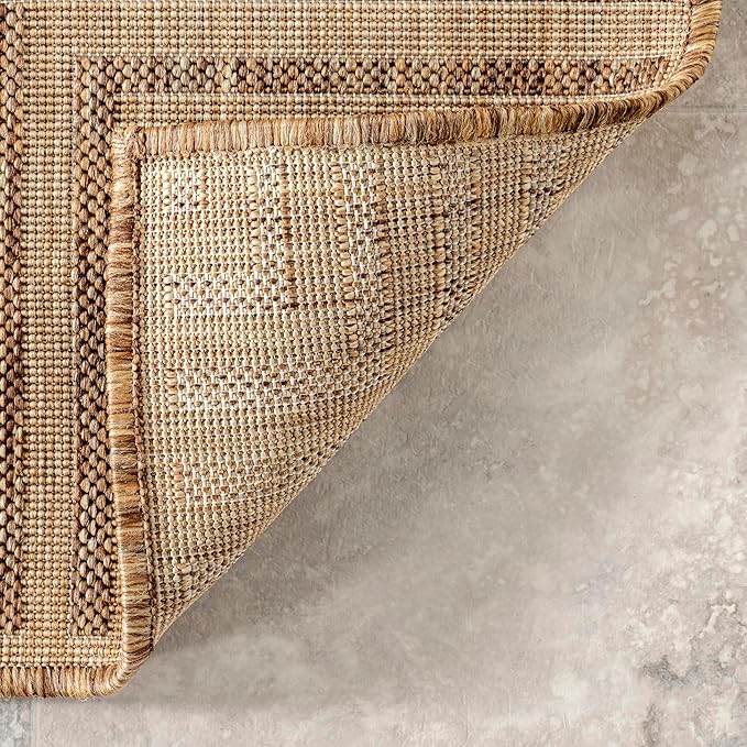 nuLOOM 4' x 6' Outdoor Area Rug, Casual Design With Striped Border, Stain Resistant, Highly Durable, For Patio, Balcony, Bedroom, Living Room, Dining Room, Bathroom, Light Brown