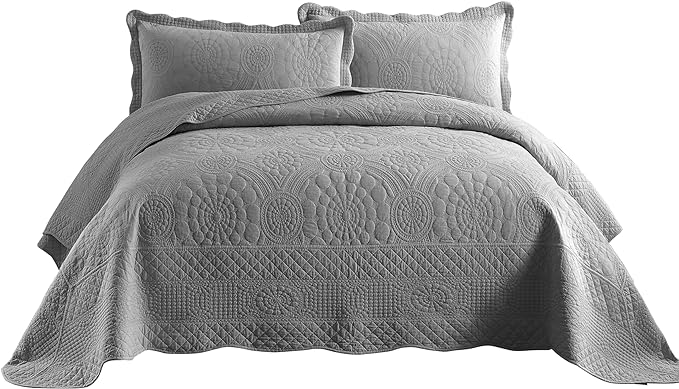 MarCielo 3-Piece 100% Cotton Oversized Bedspread Lightweight Quilt Coverlet Embroidery Farmhouse Bedding Set (Tf Light Grey, Oversized Queen (100"x106"))