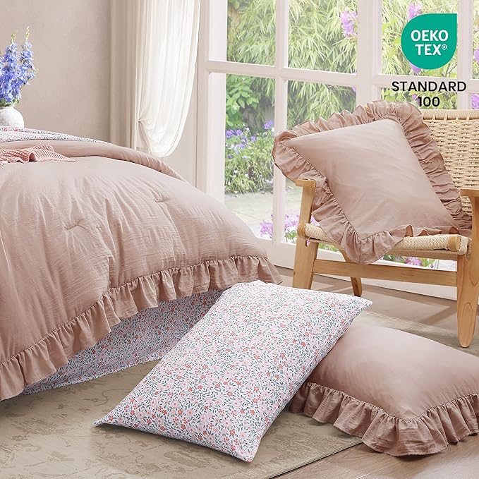 King Comforter Set - 7 Pieces Ruffle Pink Bedding Sets, Shabby Chic Farmhouse Bed in a Bag King with Ruffle Comforter, Floral Sheets, Pillowcases & Shams