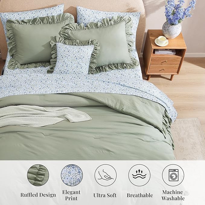 Queen Comforter Set - 7 Pieces Ruffle Sage Green Bedding Sets, Shabby Chic Farmhouse Bed in a Bag Queen with Ruffle Comforter, Floral Sheets, Pillowcases & Shams