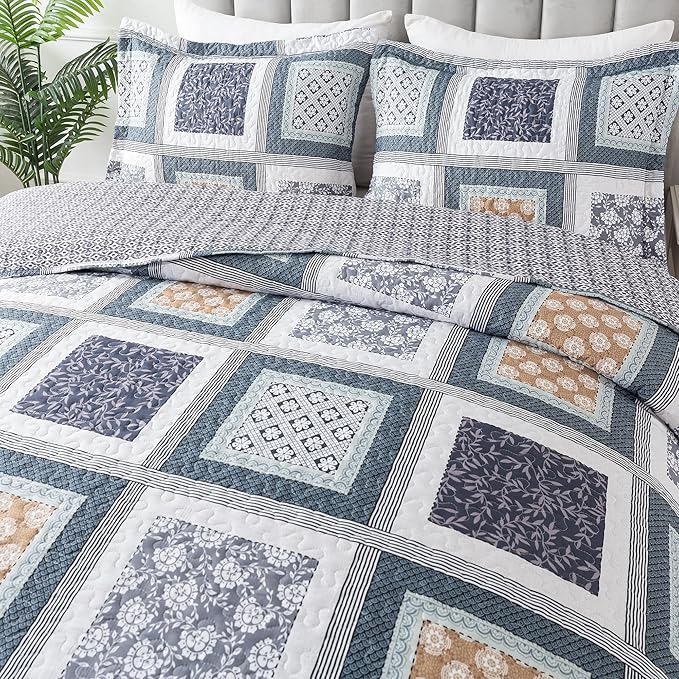 NEWLAKE Quilt Bedspread Sets - Bohemian Farmhouse Pattern Reversible Coverlet Set, Queen Size