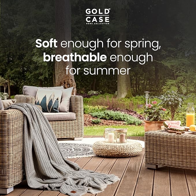 Gold Case Throw Blanket for Bed – 100% Recycled Turkish Cotton Bed Blanket – Decorative Throw Cotton Blankets for Living Room & Bedroom – Vintage Grey Woven Queen Blankets – 90x90