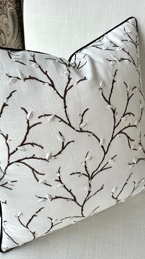 VAGMINE Embroidered Pussy Willow Throw Pillow Cover - 20x20 Inches Square - 100% Cotton Ivory Cushion Cover - Delicate Floral Stitchwork - Chic Home Accent for Sofa, Lounge, Rustic Farmhouse Décor