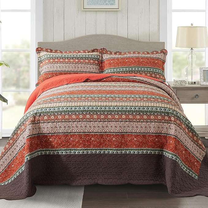 NEWLAKE Cotton Bedspread Quilt Sets - Reversible Patchwork Coverlet Set, Red Striped Jacquard Pattern, Oversized King Size
