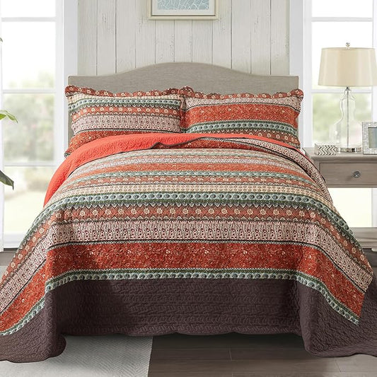 NEWLAKE Cotton Bedspread Quilt Sets - Reversible Patchwork Coverlet Set, Red Striped Jacquard Pattern, Oversized King Size