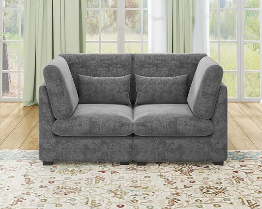 Oversized Modular Sofa, Extra Deep Cloud Chenille Sectional Couch with Ottoman Chaise, Fluffy Chenille 2 Seater Sofa Bed for Living Room, Villa (Loveseat Sofa, Chenille Grey)
