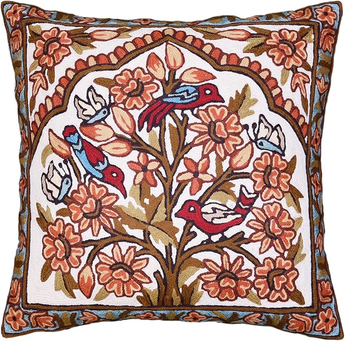 Tree of Life Pillow Cover - Gold Birds & Floral Suzani Cushions - Designer Flower Pillows - Modern Hand Embroidered Wool - Size 18x18