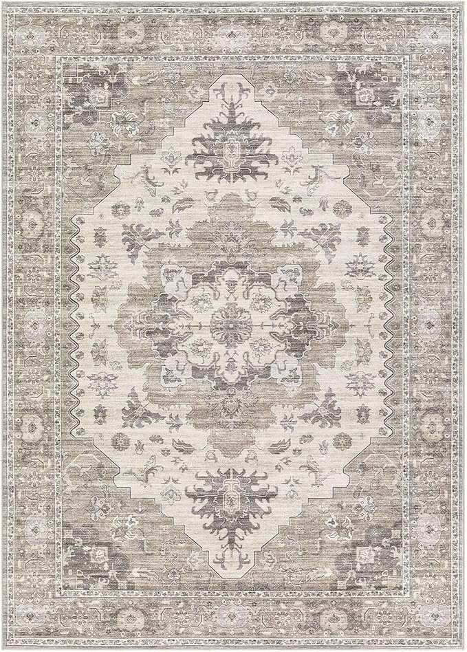 Washable Area Rugs for Living Room -6x9 Neutral Vintage Distressed Floral Farmhouse Boho Large Soft Floor Rug Indoor Non Slip Carpet for Living Room Bedroom Dining Room Office-Brown/Beige