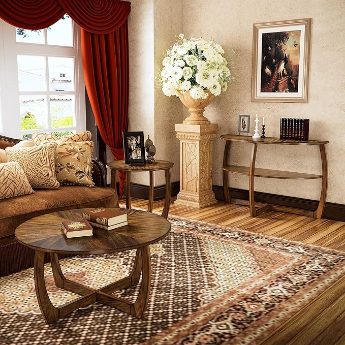 PADMA HOUSE Round Wood End Table with Curved Legs, Drum Circle Side Table with Snowflake Tabletop, Rounded Wooden Sofa Side Table, Brown Walnut Wood Tabletop & Legs 23.6" x 21.7"