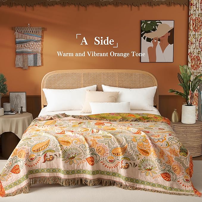 Boho Throw Blanket Full Size, Extra Large Soft Cozy Cotton Muslin Quilt Blanket for Bed Decor, Floral Patterned Couch Sofa Chair Cover, Vintage Farmhouse Cottage Woven Blanket, Coral&Green