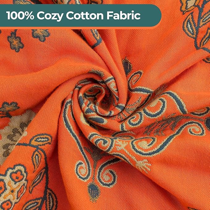 Throw Blanket for Couch Bed Chair,100% Cotton Soft Lightweight Blanket Rustic Quilt -Orange Floral Printed Farmhouse Decor Bed All Season Blankets,90"×98"