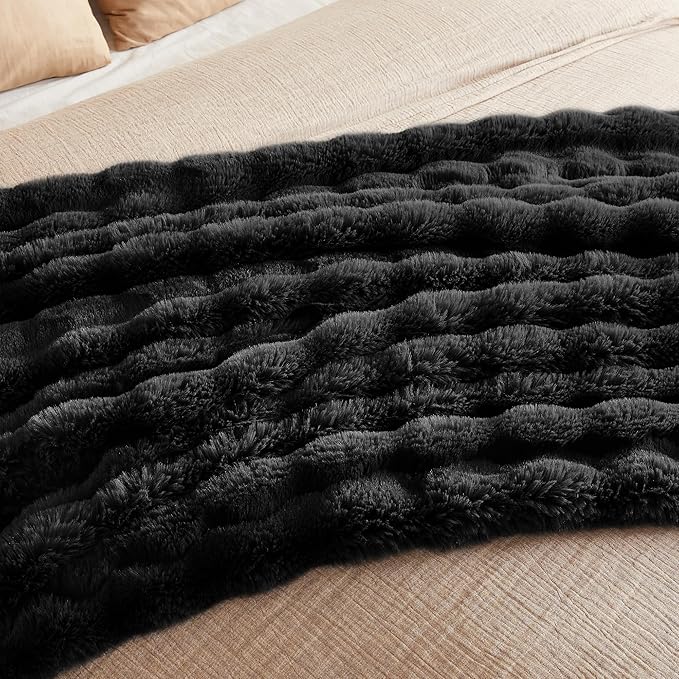 JELLYMONI Faux Fur Throw Blanket, Black for Couch, Fuzzy Cozy Plush Bubble Bed, Thick and Warm, Twin (60" x 80")