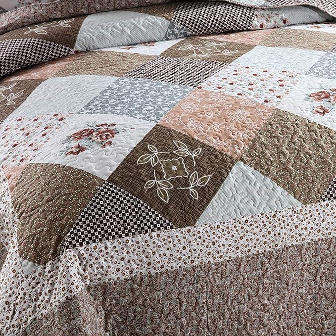 NEWLAKE Quilt Bedspread Sets-Checkered Floral Reversible Coverlet Set,King Size