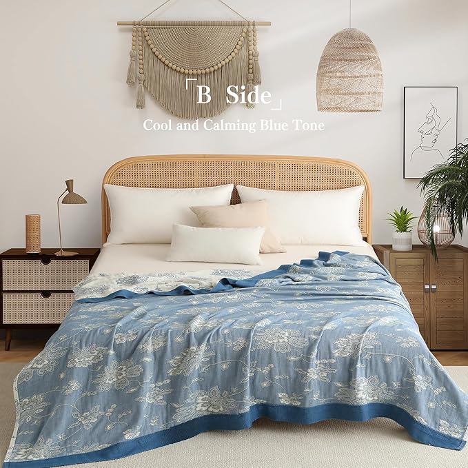 Boho Throw Blanket Full Size, Extra Large Soft Cozy Cotton Muslin Quilt Blanket for Bed Decor, Floral Patterned Couch Sofa Chair Cover, Vintage Farmhouse Cottage Woven Blanket, Blue&White