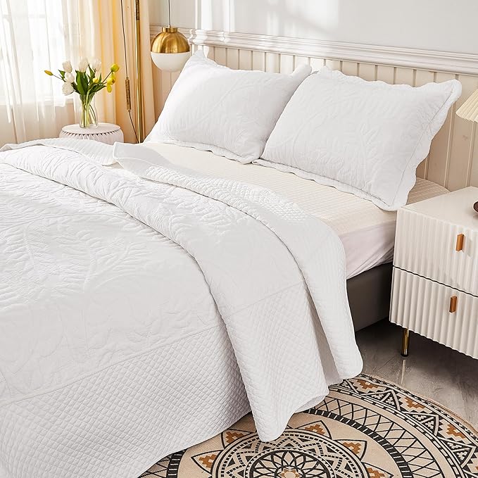 MarCielo 3-Piece 100% Cotton Oversized Bedspread Lightweight Quilt Coverlet Embroidery Farmhouse Bedding Set T0 (Bright White, Oversized Queen (100"x106"))