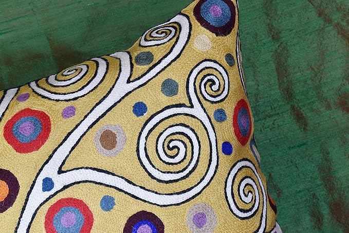 Decorative Pillow Cover Tree of Life Yellow Gold Pillows Botanical Yellows Throw Pillowcase for Couch | Mid Century Pillows for Sofa | Hand Embroidered Cushions Wool 18x18