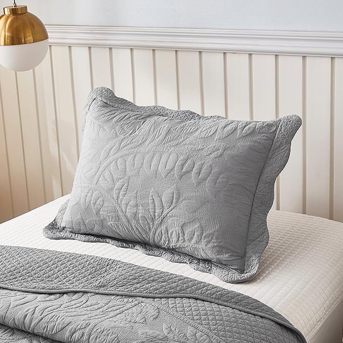 MarCielo 3-Piece 100% Cotton Oversized Bedspread Lightweight Quilt Coverlet Embroidery Farmhouse Bedding Set T0 (Light Grey, Twin (68"x86"))