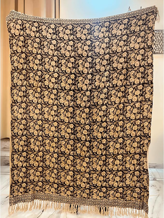 Handmade Cotton Throw Blanket, Floral Block Print, Black and Beige Wrap, 47x71 inches Decorative Woven Throw with Tassels