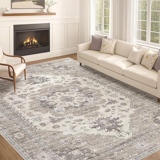 Washable Area Rugs for Living Room -10x13 Neutral Vintage Distressed Floral Farmhouse Boho Large Soft Floor Rug Indoor Non Slip Carpet for Living Room Bedroom Dining Room Office-Brown/Beige
