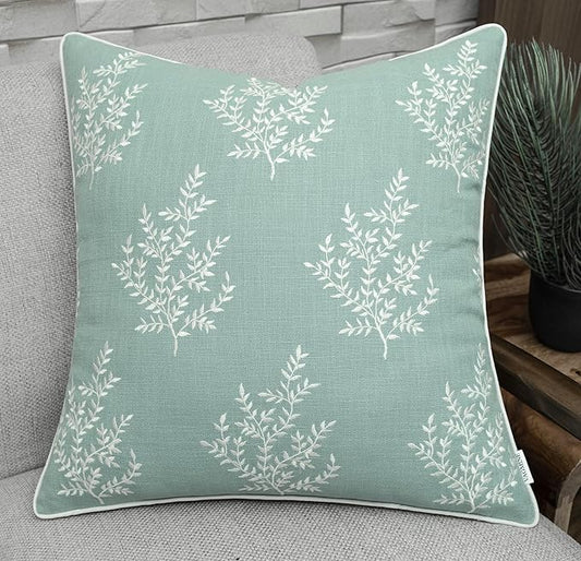 VAGMINE Embroidered Leaves Throw Pillow Cover - 18x18 Inches Square - 100% Cotton Light Teal Decorative Cushion Cover - Elegant Embroidery Pattern - Coastal Home Accent for Sofa, Bed, Living Room