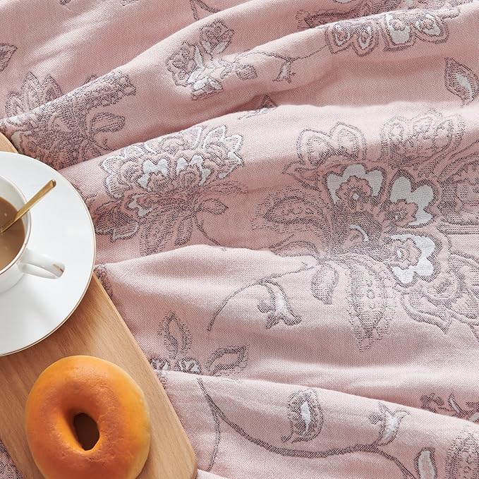 jinchan Boho 100% Cotton Muslin Twin Size 50x60 Inches Blanket Lightweight 4-Layer Quilted Soft Pink Red Floral Throw Blanket Reversible Comfy Flower Breathable All Seasons Couch Bedroom Decor