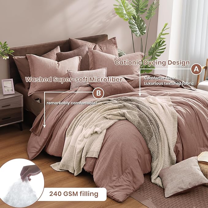 Monbix Queen Comforter Set - 7 Pieces Dusty Pink Cationic Dyeing Bed in a Bag Queen Bedding Sets with Sheets, Pillowcases & Shams, Reversible Bedding Comforters