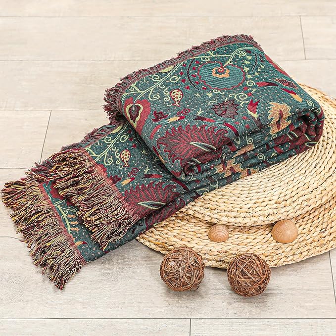 Boho Fall Throw Blanket for Bed，100% Ultra Cotton Soft Breathable Bed Throw Floral Printed Farmhouse Decor Rustic Bed Throws for Couch Sofa Quilt 90" x 98"