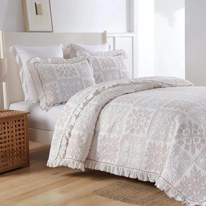 MarCielo 3-Piece 100% Cotton Bedspread Lightweight Quilt Coverlet Embroidery Farmhouse Bedding Set (TJ Colorful,Queen (98"x102"))