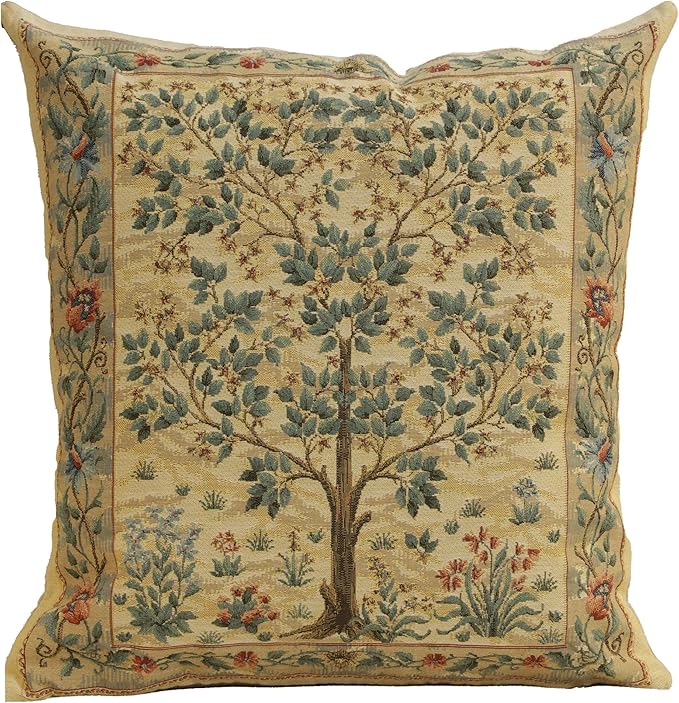 Charlotte Home Furnishings Throw Pillow Covers, Decorative Boho Pillow Covers for Couch, Light Tree of Life Square Cushion Cases 18x18 in, European Cotton Jacquard Woven for Cozy Bedroom Decor