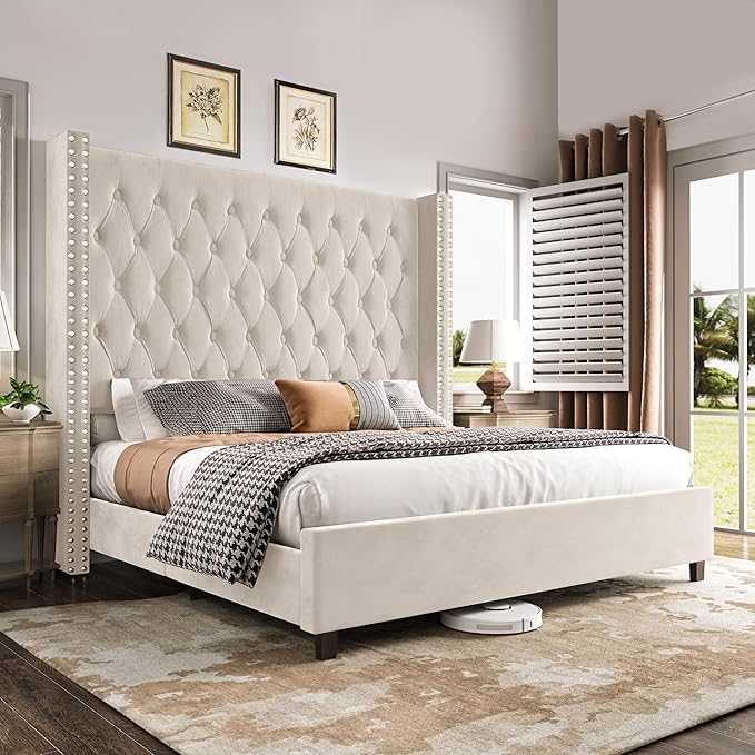 PaPaJet Queen Size Bed Frame with 61.4" Tall Headboard, Velvet Modern Upholstered Tufted Bed for Adults, Handmade Deep Button Tufting, Solid Wood Legs, No Box Spring Required, Cream