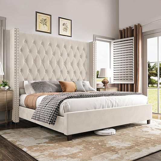 PaPaJet Queen Size Bed Frame with 61.4" Tall Headboard, Velvet Modern Upholstered Tufted Bed for Adults, Handmade Deep Button Tufting, Solid Wood Legs, No Box Spring Required, Cream