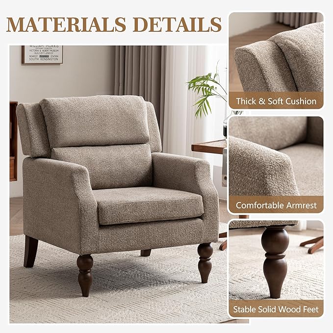 Kidol & Shellder Light Brown Oversized Accent Chair for Living Room Mid Century Modern Reading Chair with Back Upholstered Comfy Single Sofa Chair for Bedroom Lounge Side Corner Boucle Fabric Armchair
