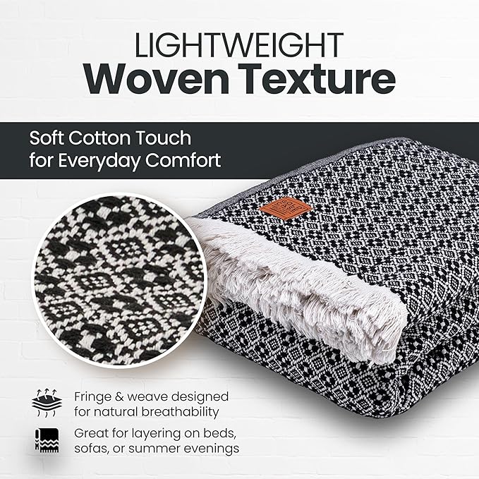 Gold Case Throw Blanket for Bed – 100% Recycled Turkish Cotton Bed Blanket – Decorative Throw Cotton Blankets for Living Room & Bedroom – Woven Twin Blankets - 71x90 - Black