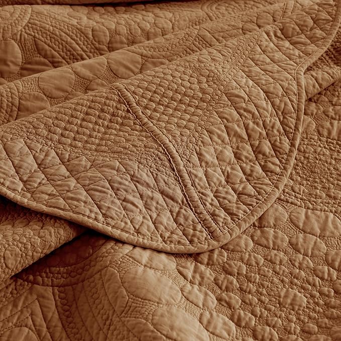 MarCielo 3-Piece 100% Cotton Oversized Bedspread Lightweight Quilt Coverlet Embroidery Farmhouse Bedding Set (Tf Dusty Orange, Oversized Queen (100"x106"))