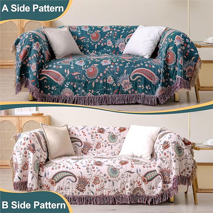 Boho Large Cotton Throw Blanket 80''x90'',Ultra Soft Rustic Quilt,Sofa Throw Cover with Tassels,Farmhouse Lightweight Knitted Throw for Bed,Travel,Couch,Home Decor