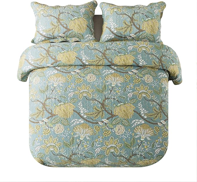 NEWLAKE Cotton Bedspread Quilt Sets-Reversible Patchwork Coverlet Set, Green Floral Pattern, Queen Size